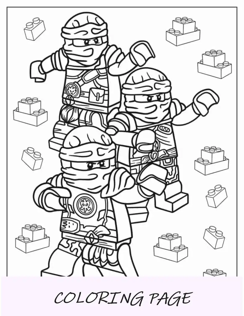 Folha para colorir de Lloyd, Jay e Kai lutando contra o mal