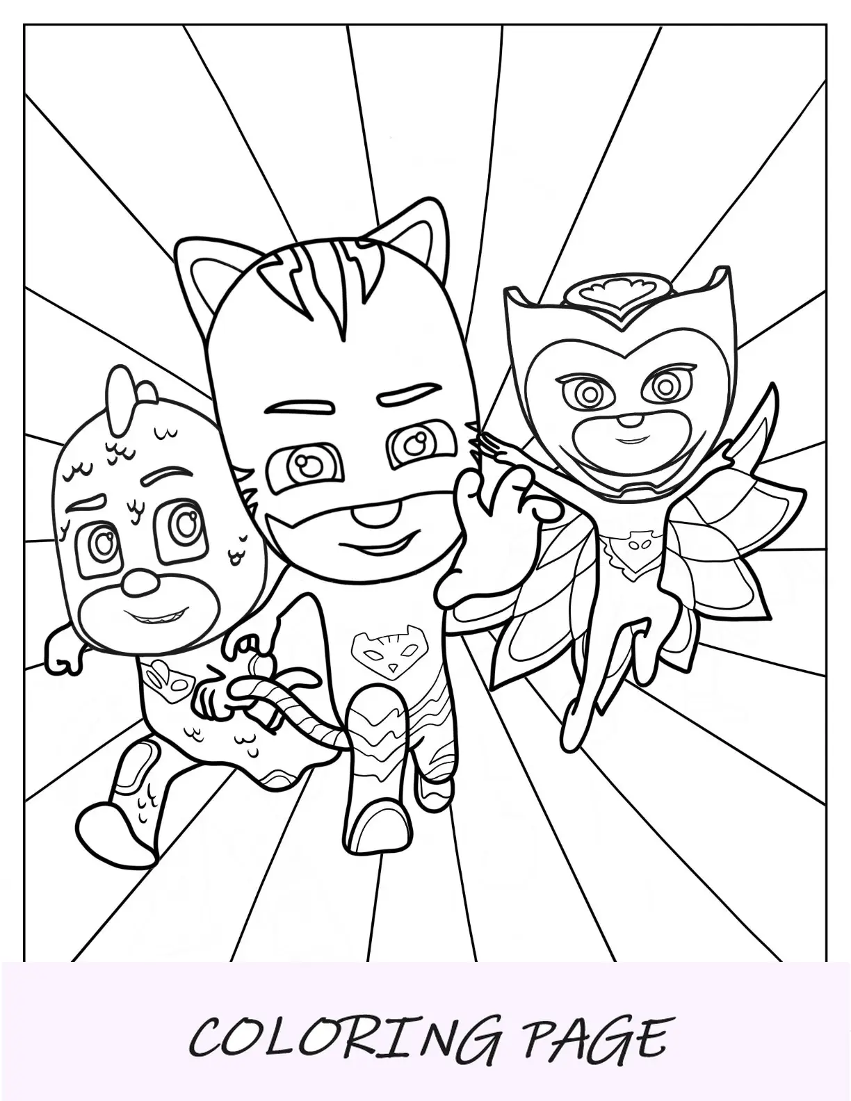 PJ Masks Página para colorir de Owlette, Catboy e Gekko correndo rápido