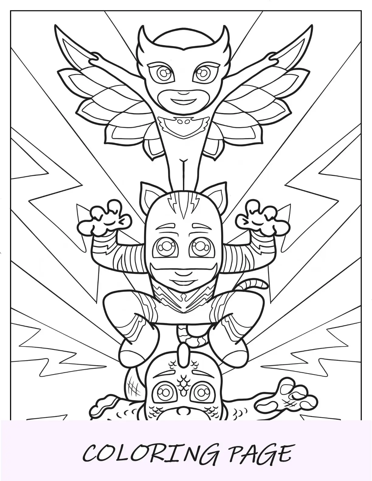 Página para colorir de PJ Masks de Corujinha, Catboy e Gekko em posição de luta