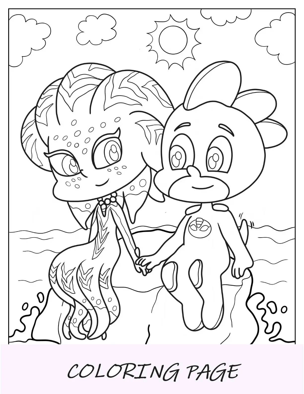 Página para colorir de PJ Masks de Octobella de mãos dadas com Gekko no rock