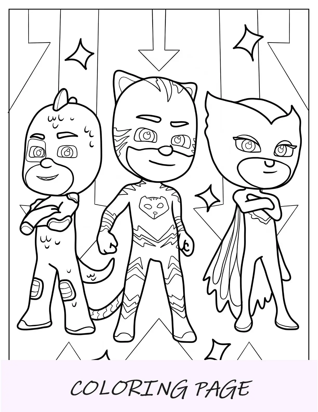 PJ Masks Página para colorir de corujinha simples, gekko e menino gato em pé com os braços cruzados