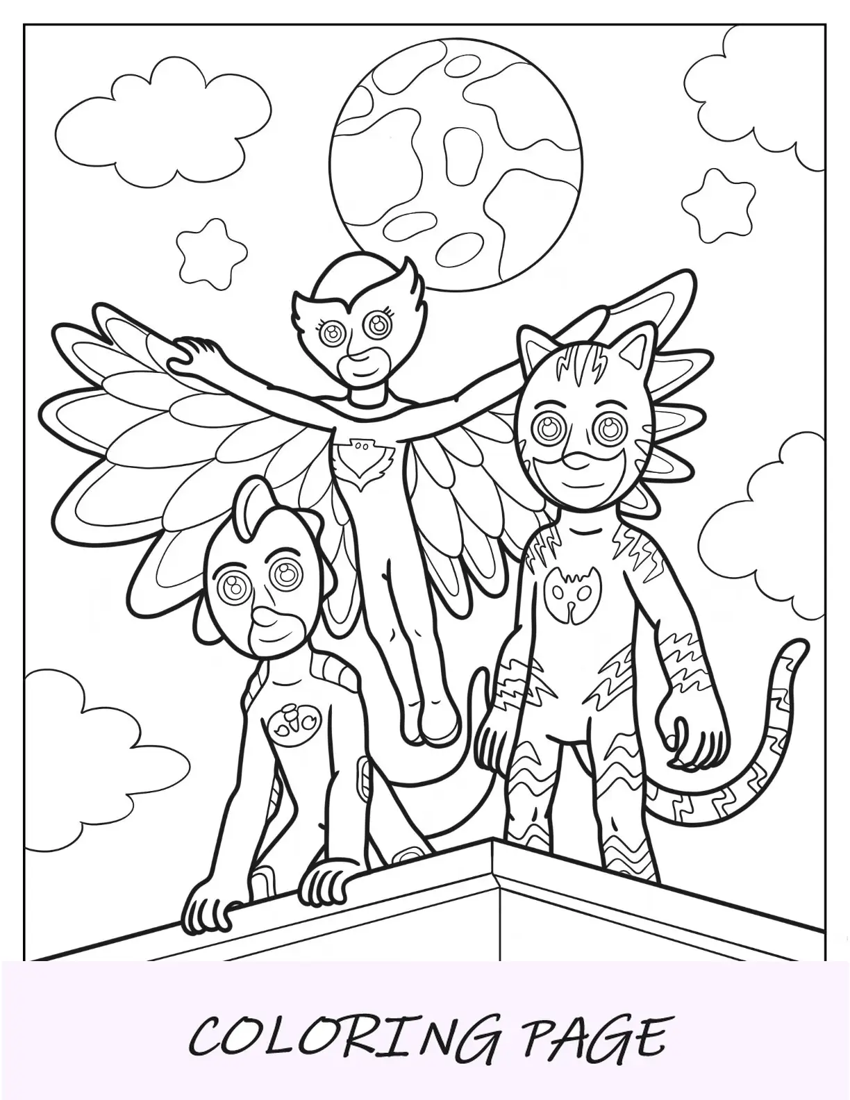 PJ Masks Página para colorir de Gekko, Catboy e Owelette no céu noturno