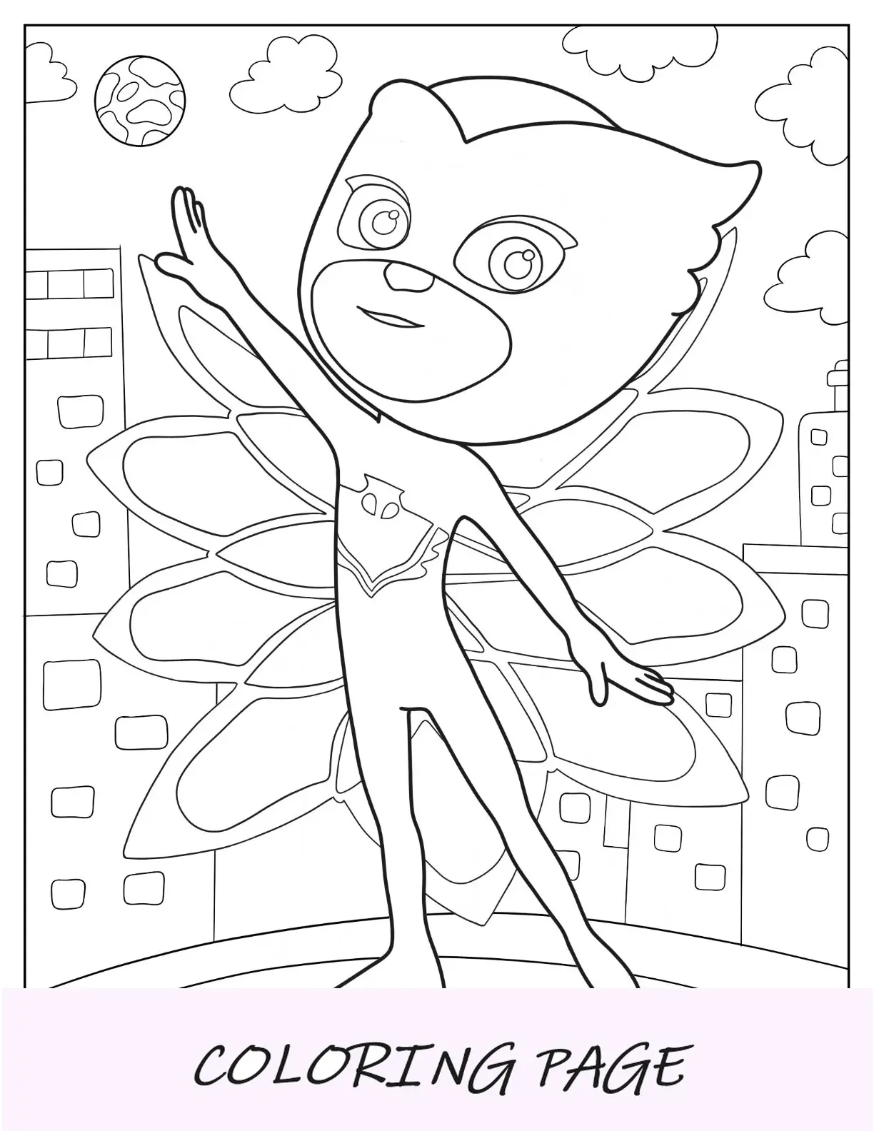 Página para colorir de PJ Masks de corujinha com o braço para cima