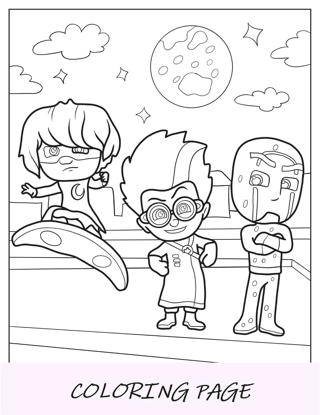 PJ Masks Página para colorir de Luna Girl, Romeo e Night Ninja no telhado à noite