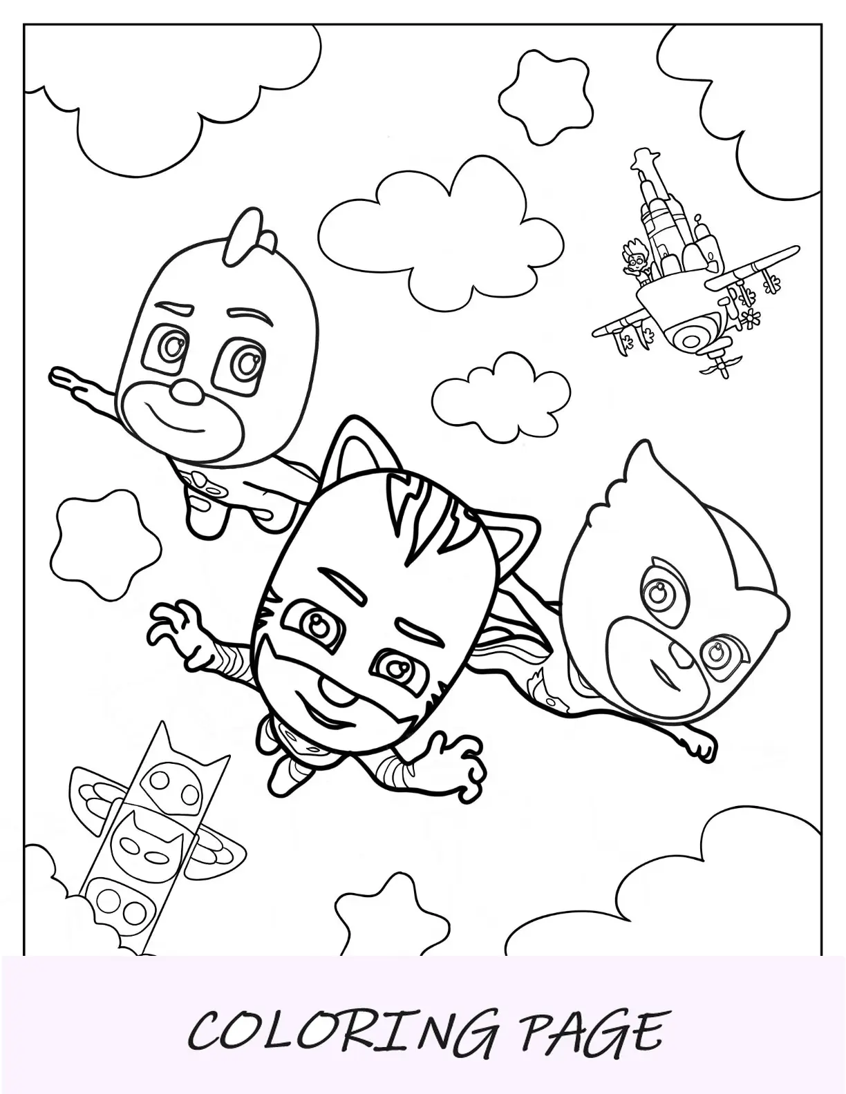 PJ Masks Página para colorir de Catboy, Gekko e Oweltte voando no céu