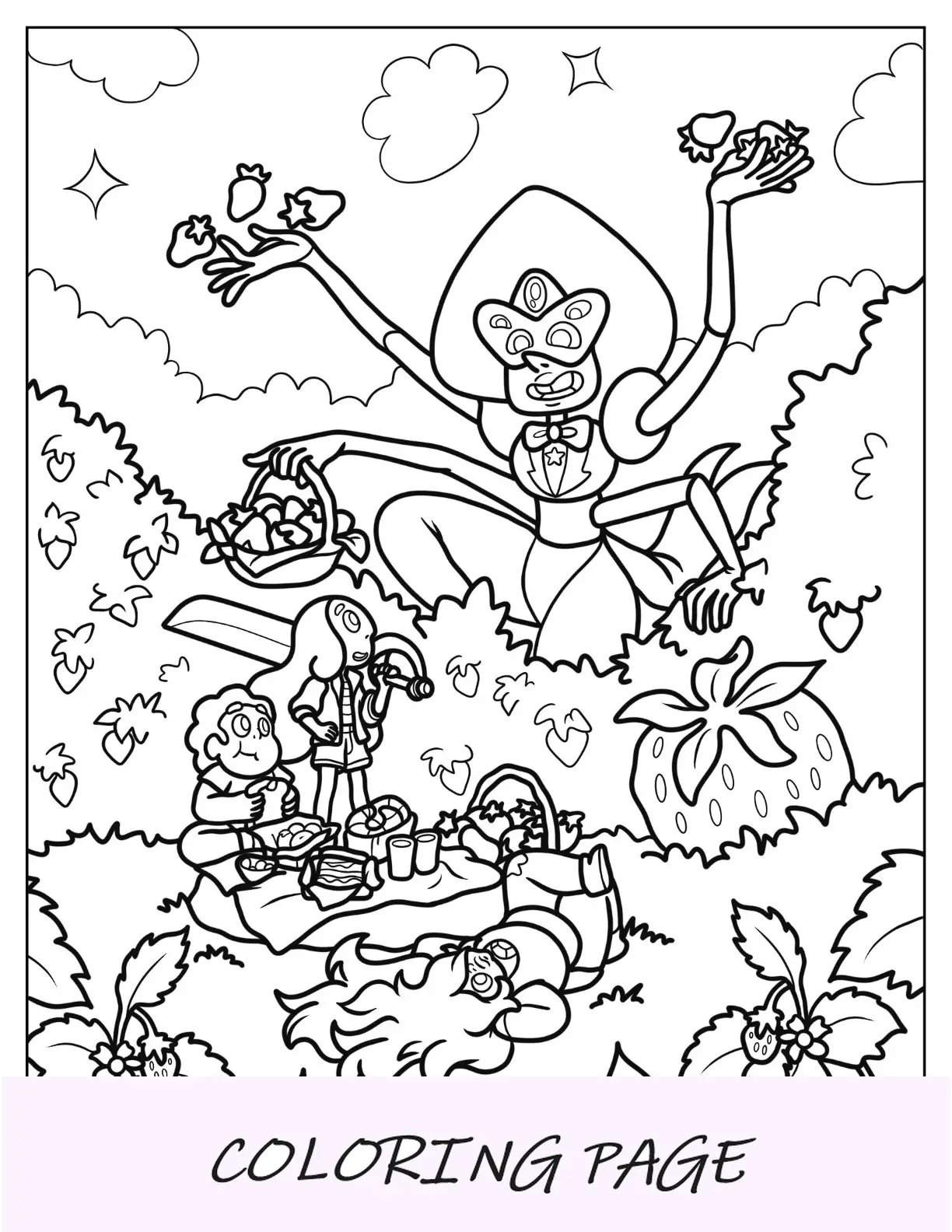 Pagina da colorare dettagliata dell'universo di Steven con Connie, Sardonice e Ametista che fanno un picnic