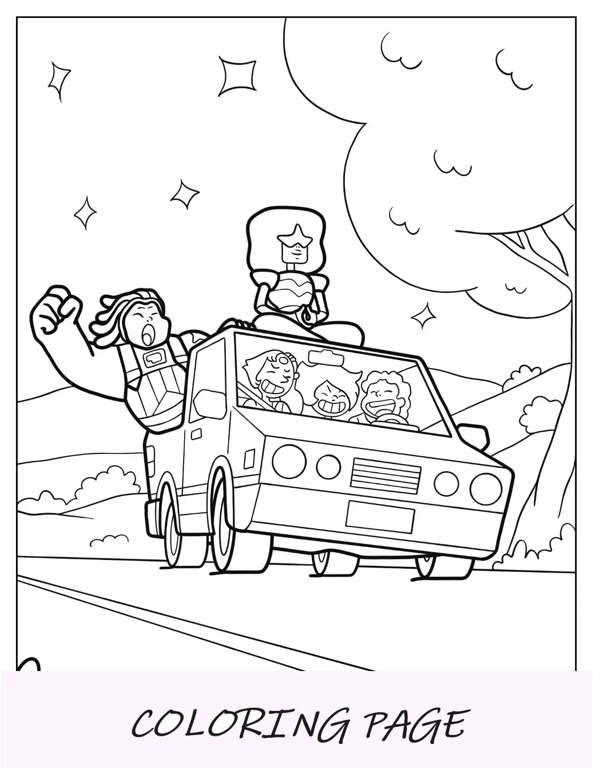 Steven Universe Pagina da colorare di un'auto alla guida con perla, ametista, bismuto e granato