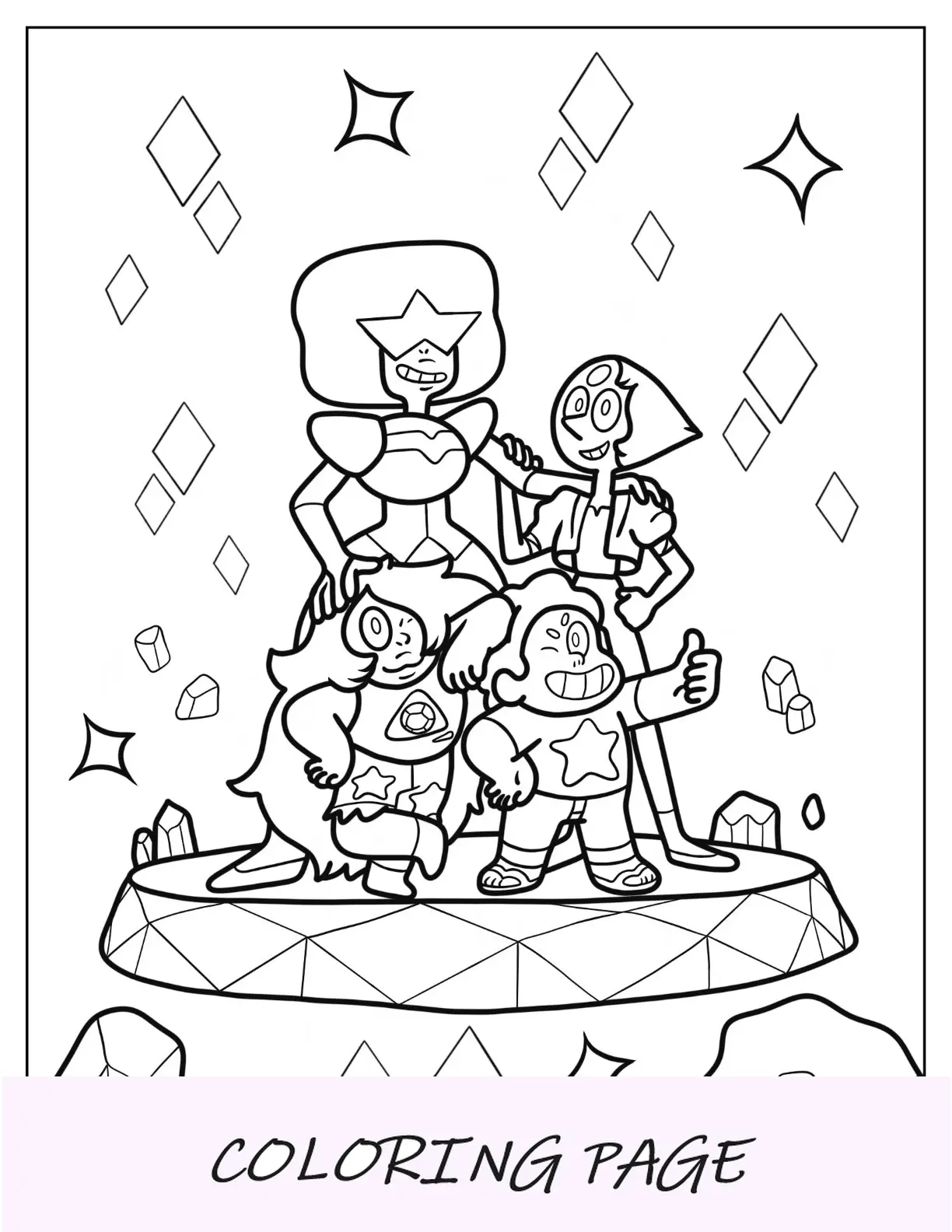 Simpatica pagina da colorare di Steven Universe sul podio con granato, perla e ametista per bambini