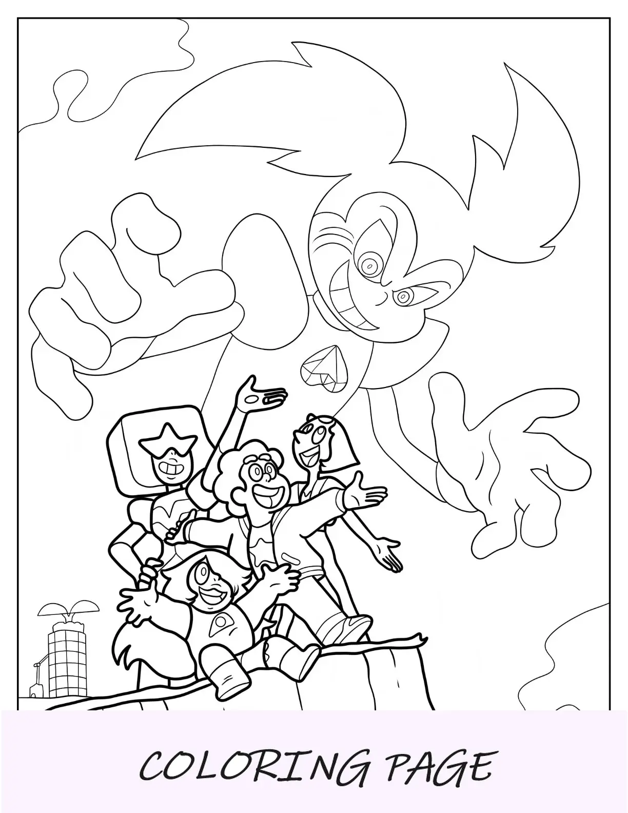 Steven Universe Pagina da colorare di granato, ametista e perla sulla scogliera con spinello sullo sfondo