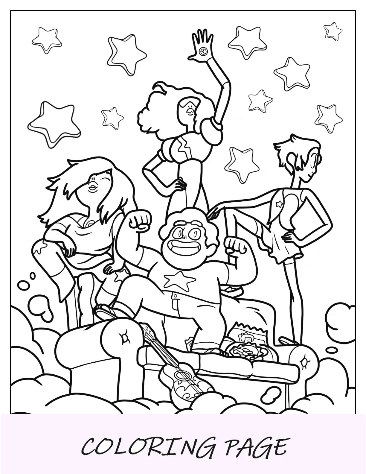 Pagina da colorare di Steven Universe di posa sul divano con ametista, perla e granato