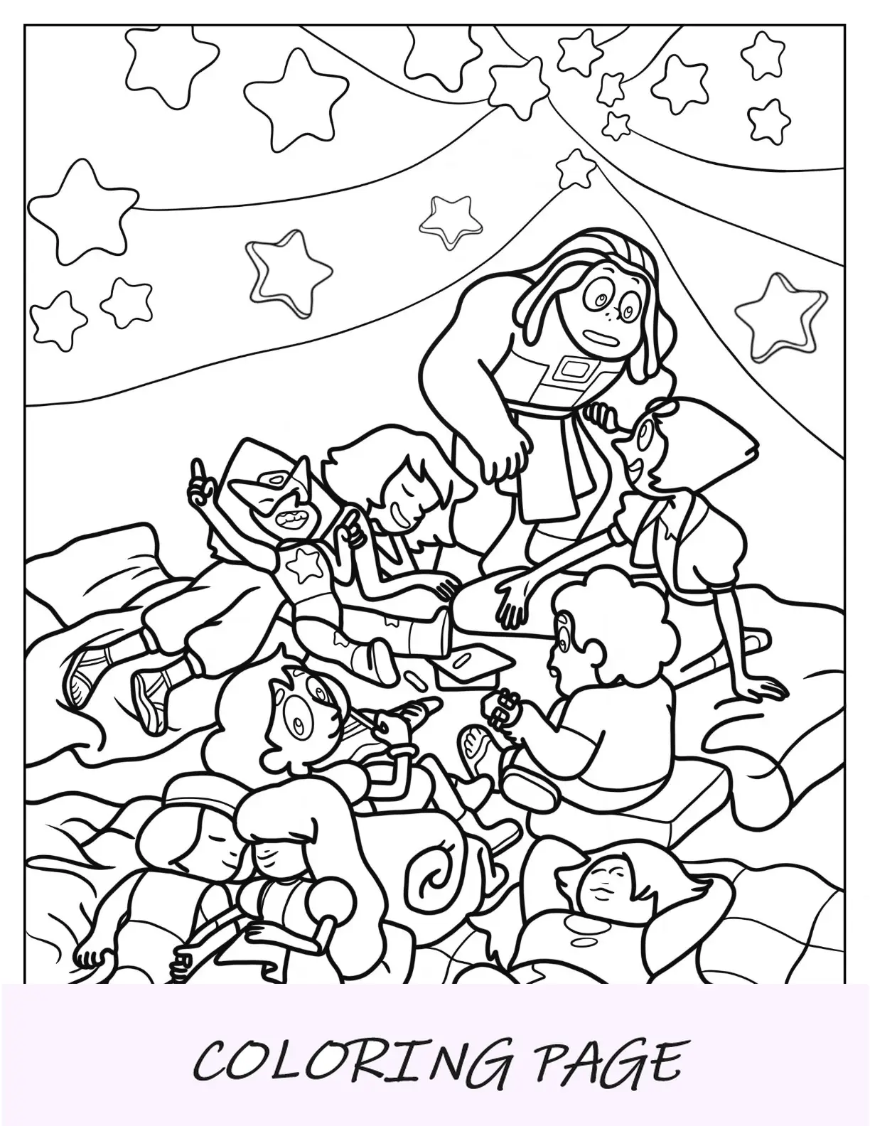 Steven Universe Pagina da colorare di Glamping con peridoto, ametista, perla, Connie, bismuto, lapislazzuli, rubino e zaffiro