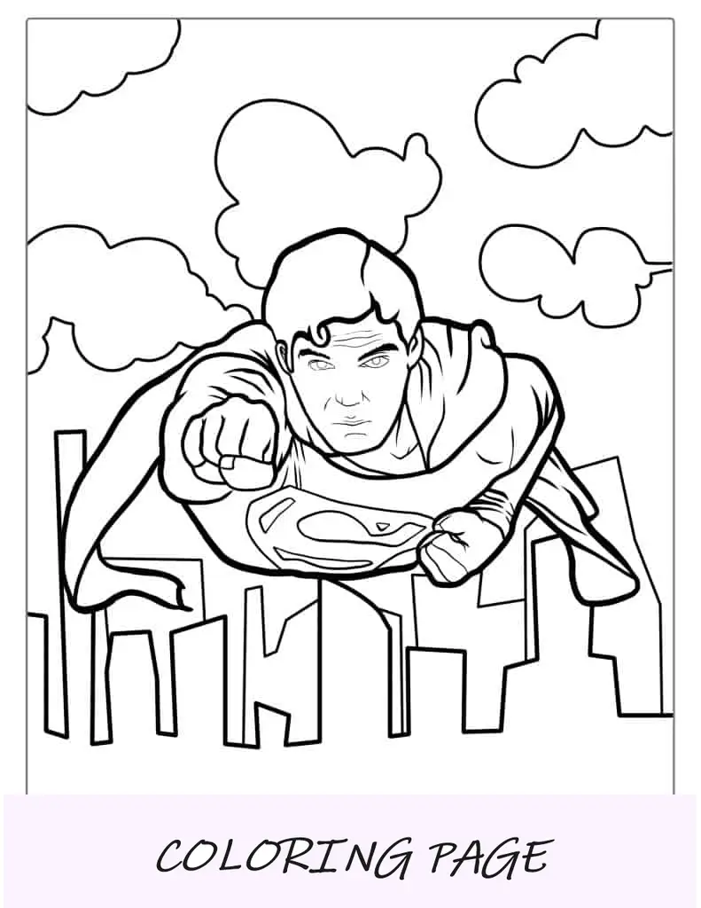 Superman volando sobre edificios para colorear