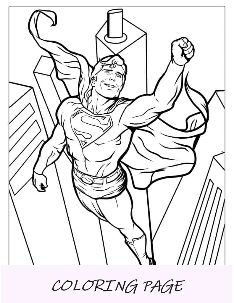Superman volando a través del horizonte de la ciudad