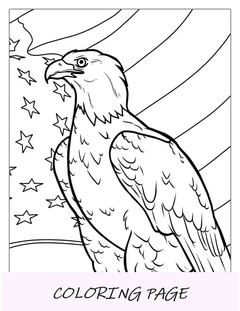 Página para colorir de águia careca com bandeira americana
