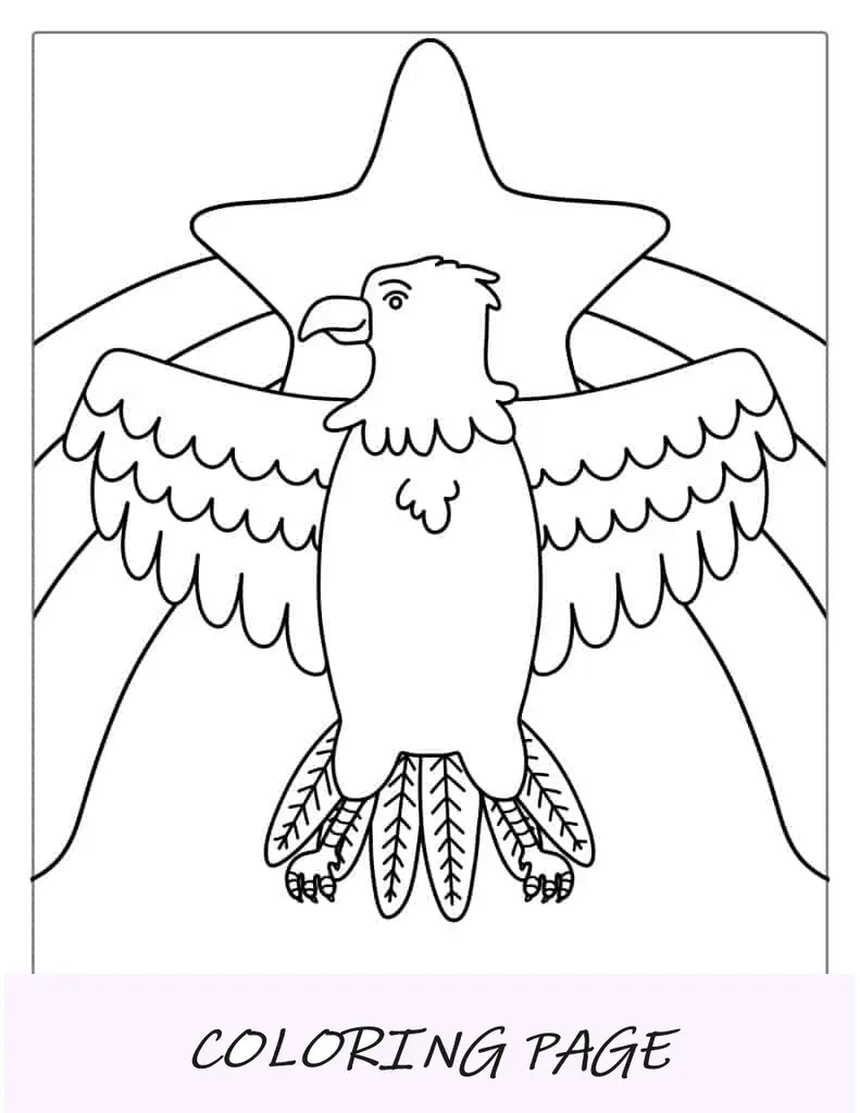 Folha para colorir fácil de desenho animado da águia americana de 4 de julho