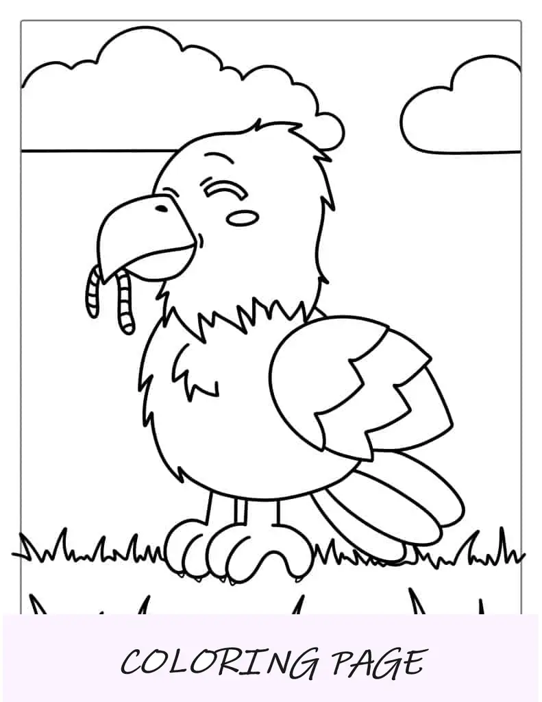 Página para colorir de águia careca fofa comendo minhoca