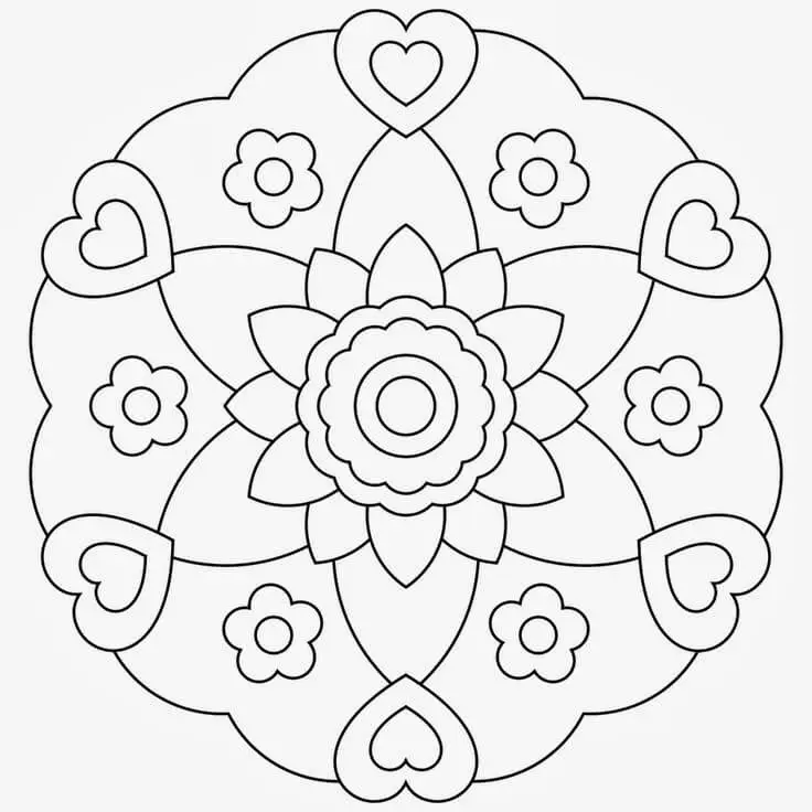 Easy Flower And Hearts Mandala Coloring Pages