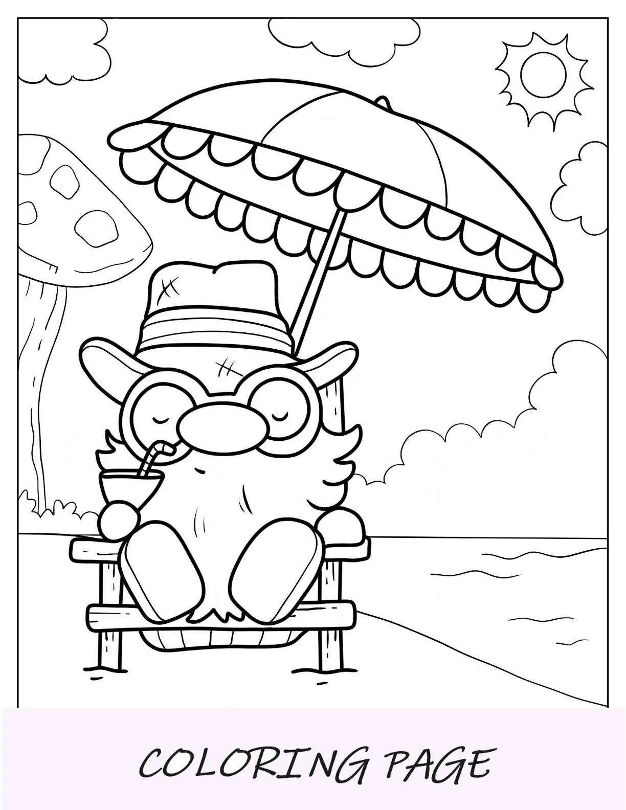 Página para colorir de gnomo tomando banho de sol na praia