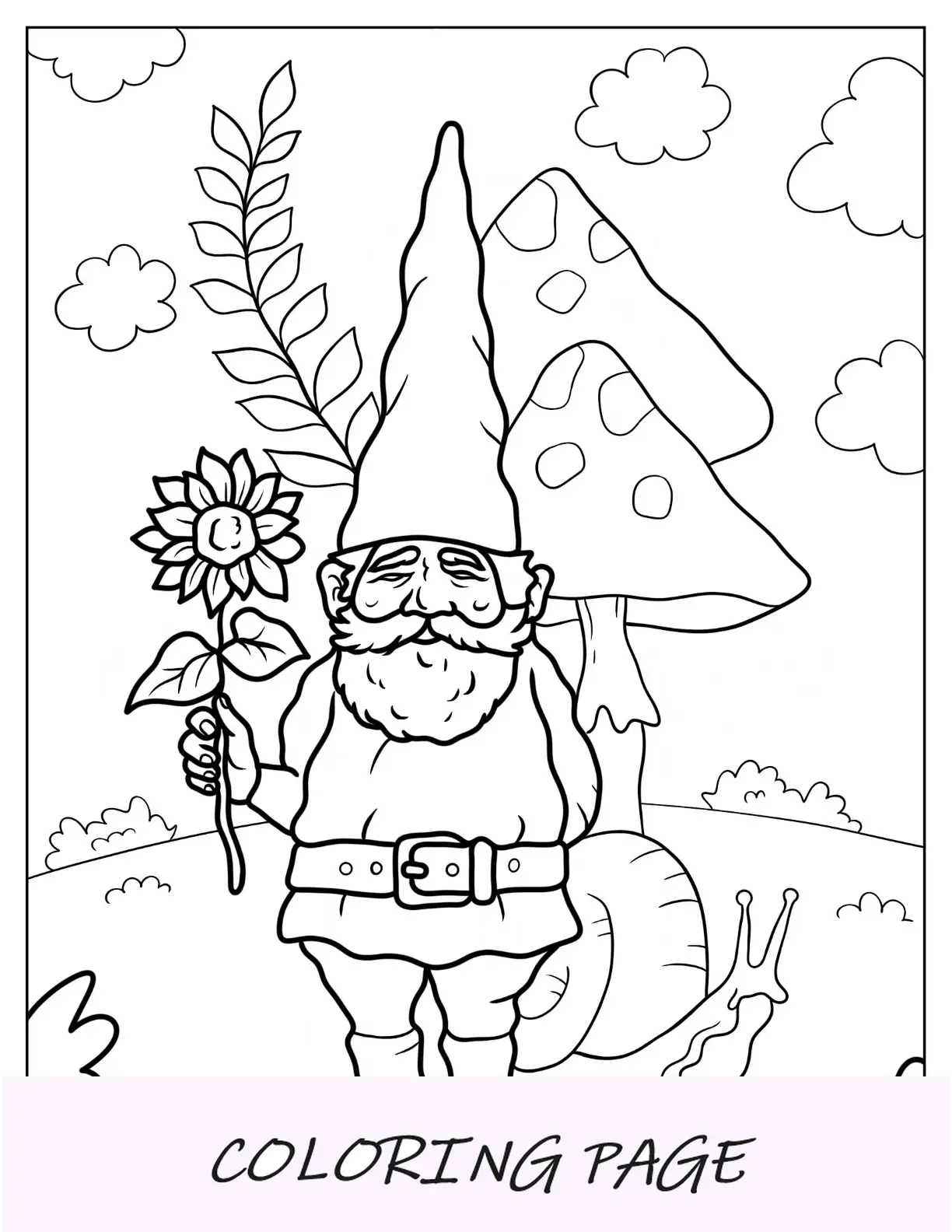 Página para colorir de gnomo segurando um girassol com um caracol ao lado dele