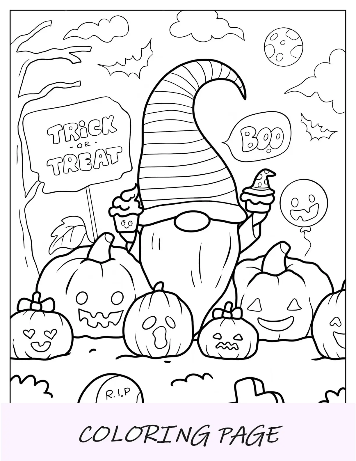 Página para colorir de gnomo segurando cupcakes para doces ou travessuras de Halloween