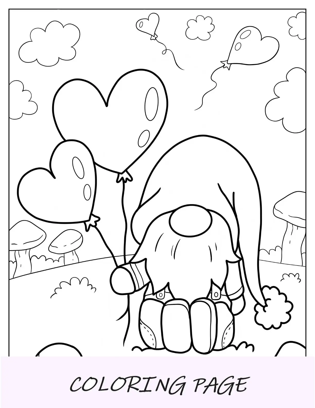 Página para colorir de gnomo simples segurando balões de coração