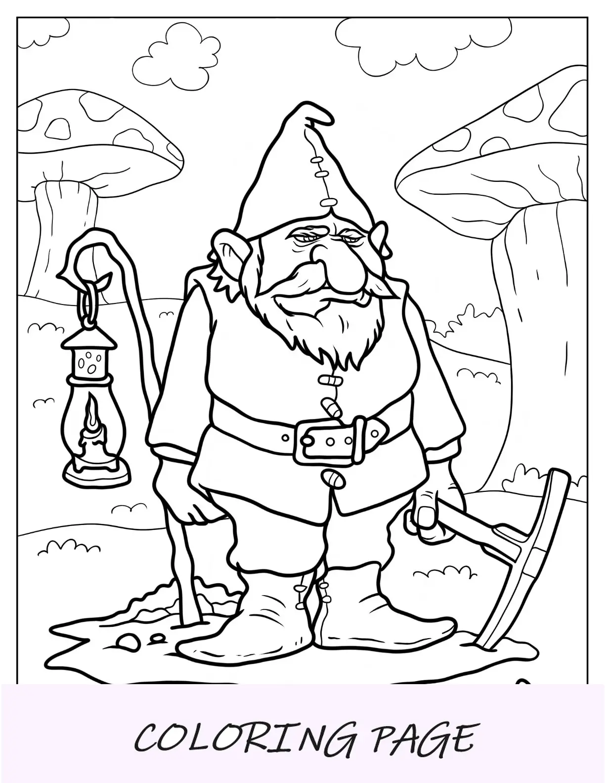 Página para colorir de gnomo mal-humorado com lâmpada e picareta