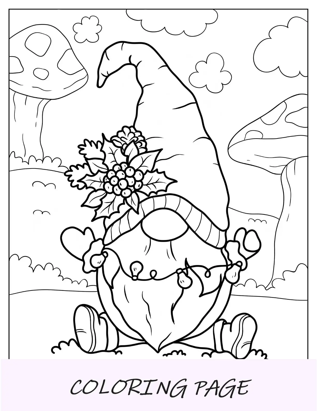 Página para colorir de gnomo com hollies, visco e luzes de Natal