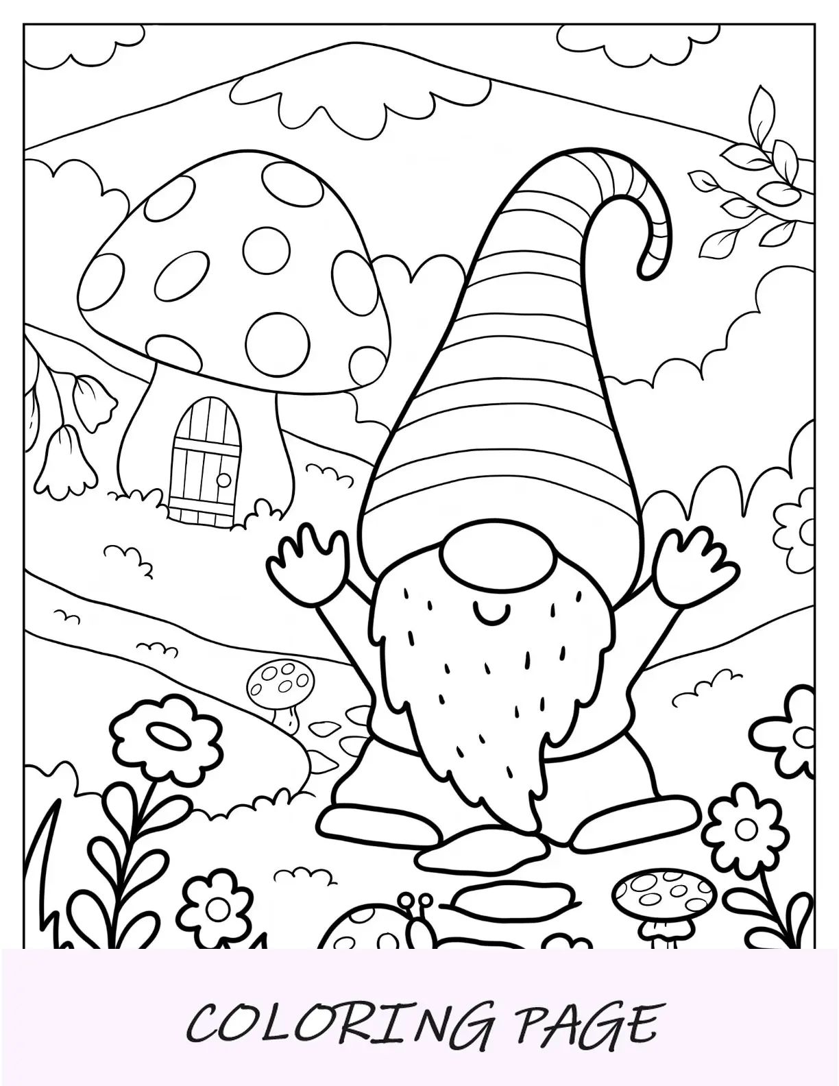 Página para colorir de gnomo com as mãos para cima no jardim para crianças