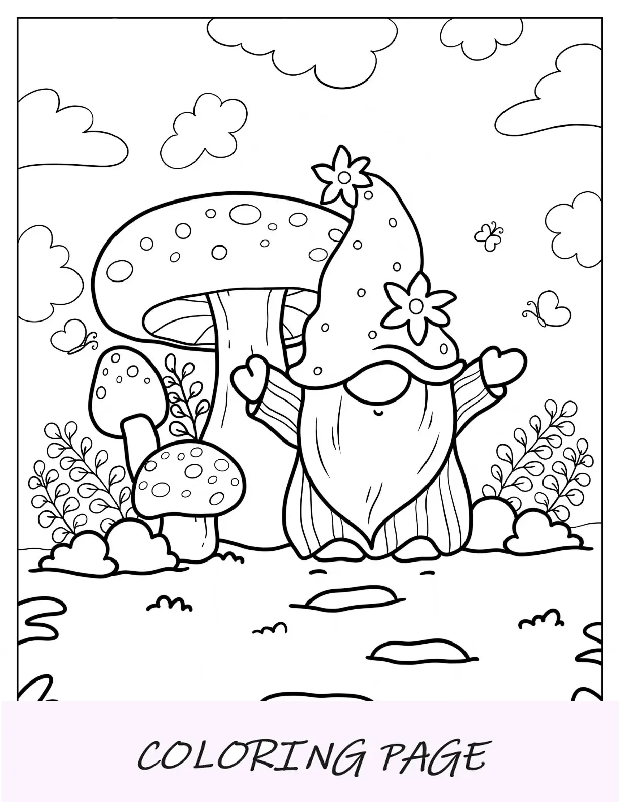 Página para colorir de gnomo sorridente ao lado de cogumelos gordos