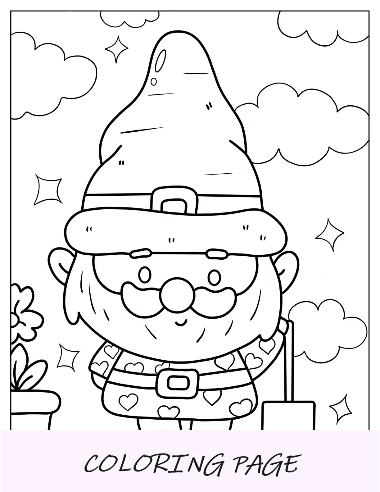 Página para colorir Kawaii Gnome segurando uma pá para crianças