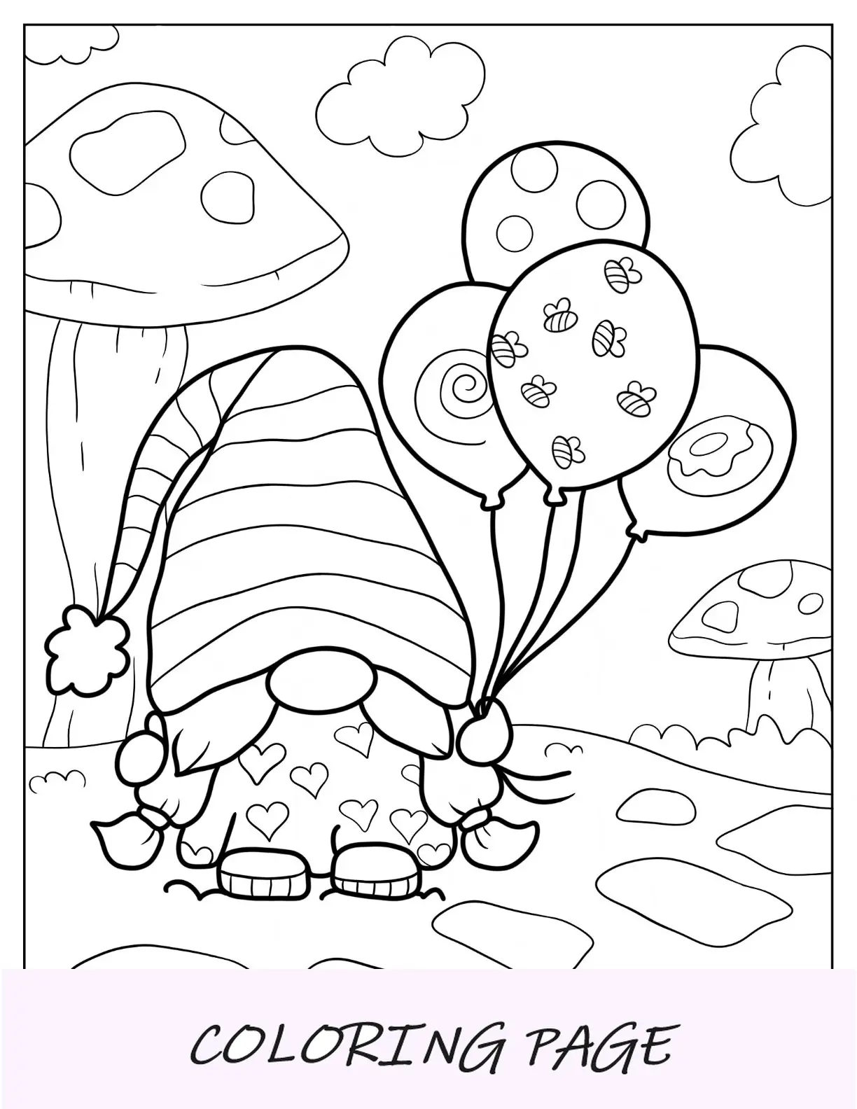 Página para colorir de gnomo em pijama de coração segurando balões