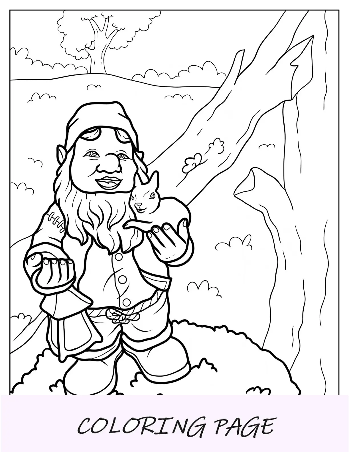 Página para colorir do gnomo feliz segurando uma lâmpada e um coelho ao lado da árvore