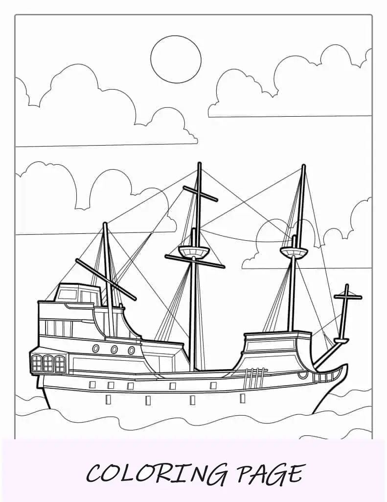 Navio pirata com múltiplas velas no oceano