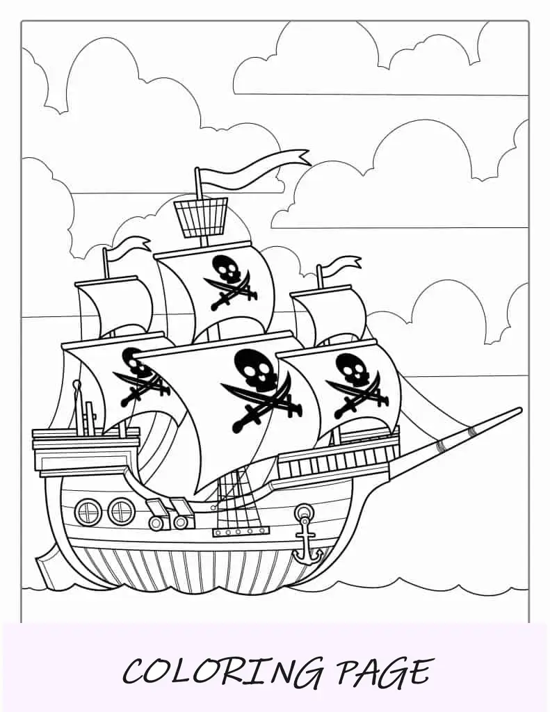 Página para colorir de navio pirata com caveira e ossos