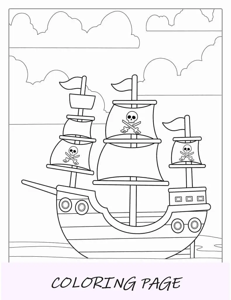 Página para colorir de navio pirata com vários cânones