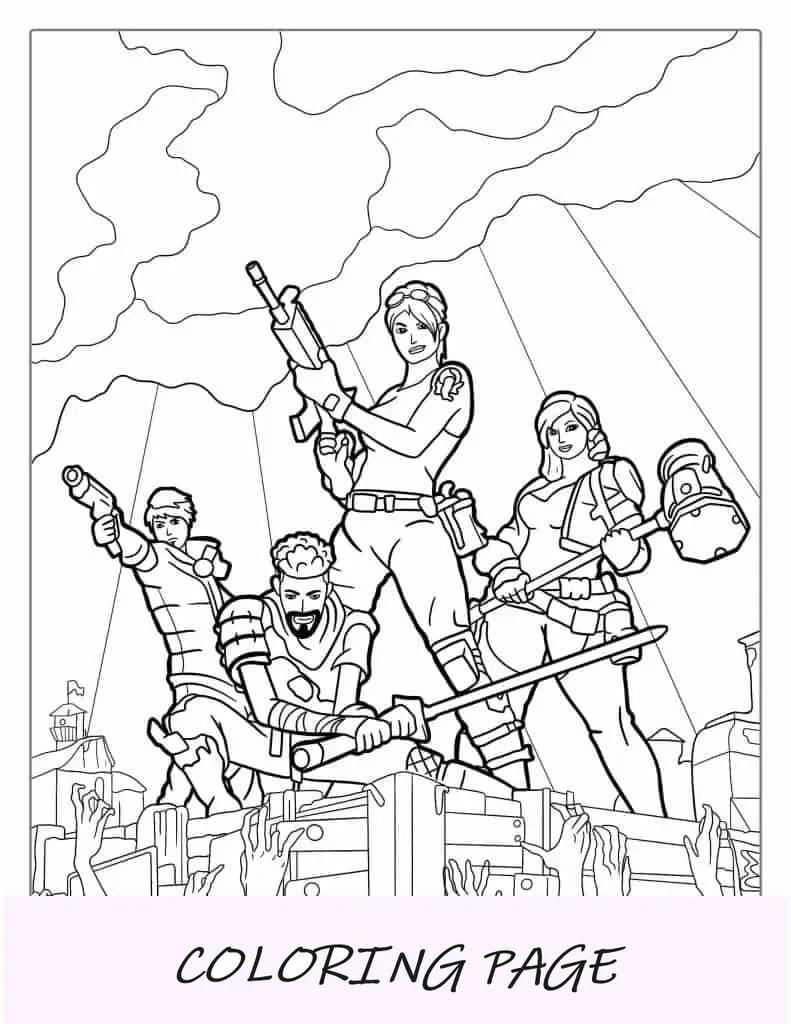 Página para colorear de Fortnite luchando contra zombies