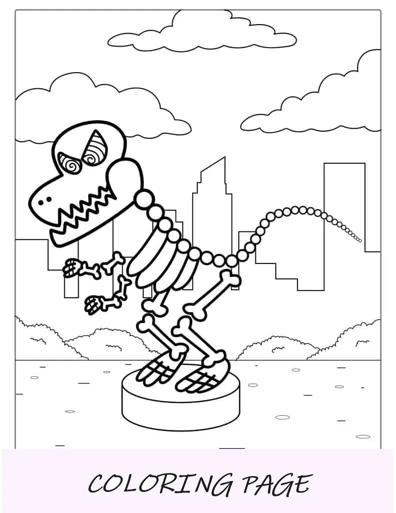 Página para colorir esqueleto de dinossauro homem-cachorro