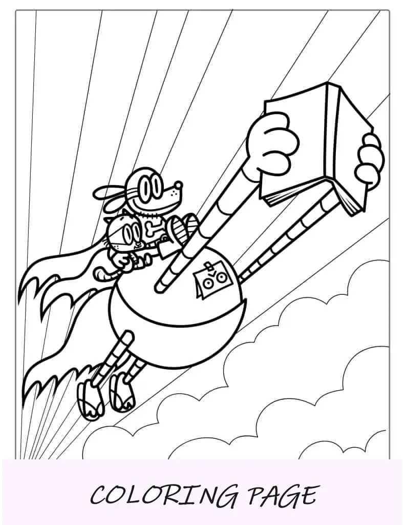 Homem-cachorro e gato Petey na página para colorir do robô