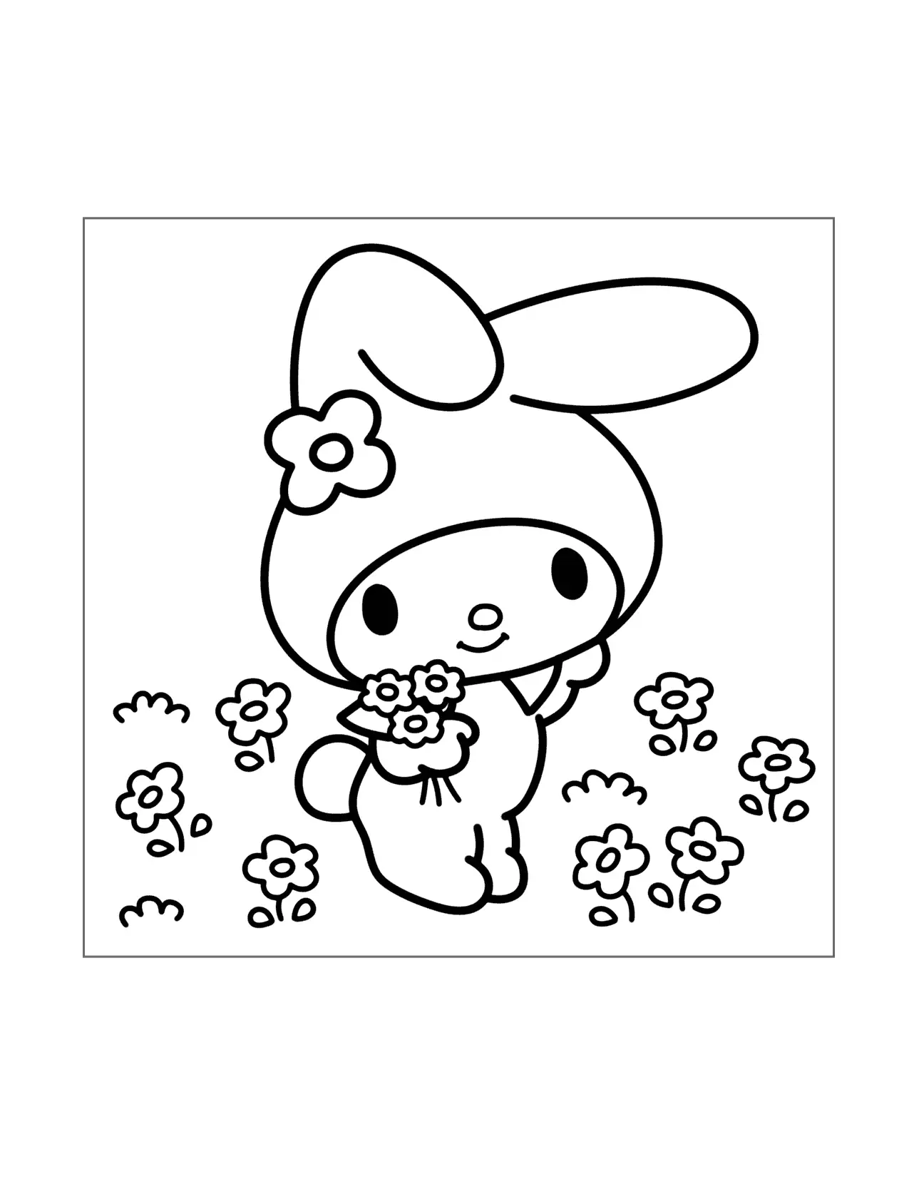 My Melody Picks Flowers Coloring Page