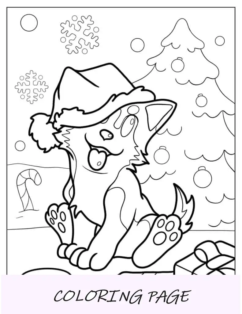 Desenho de Husky usando chapéu de Papai Noel na frente da árvore de Natal para colorir