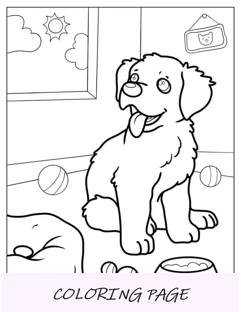 Folha para Colorir Contorno Fácil de um Cachorrinho Brincando Dentro de Casa