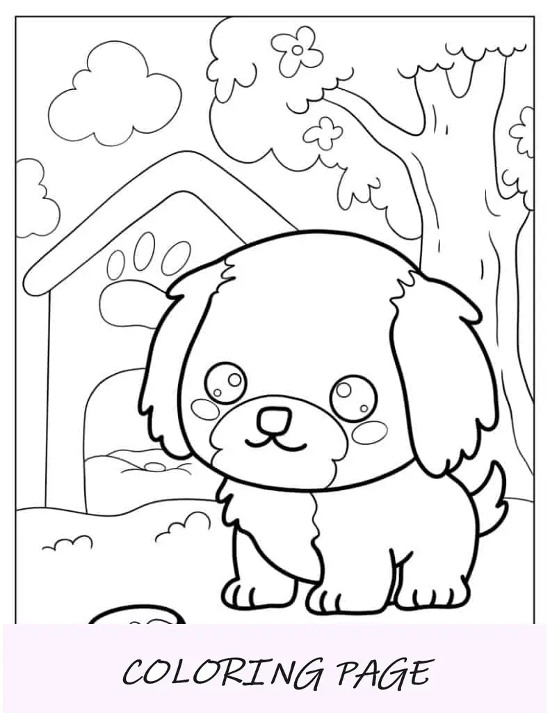 Cachorrinho fofo de desenho animado na frente da tigela de comida