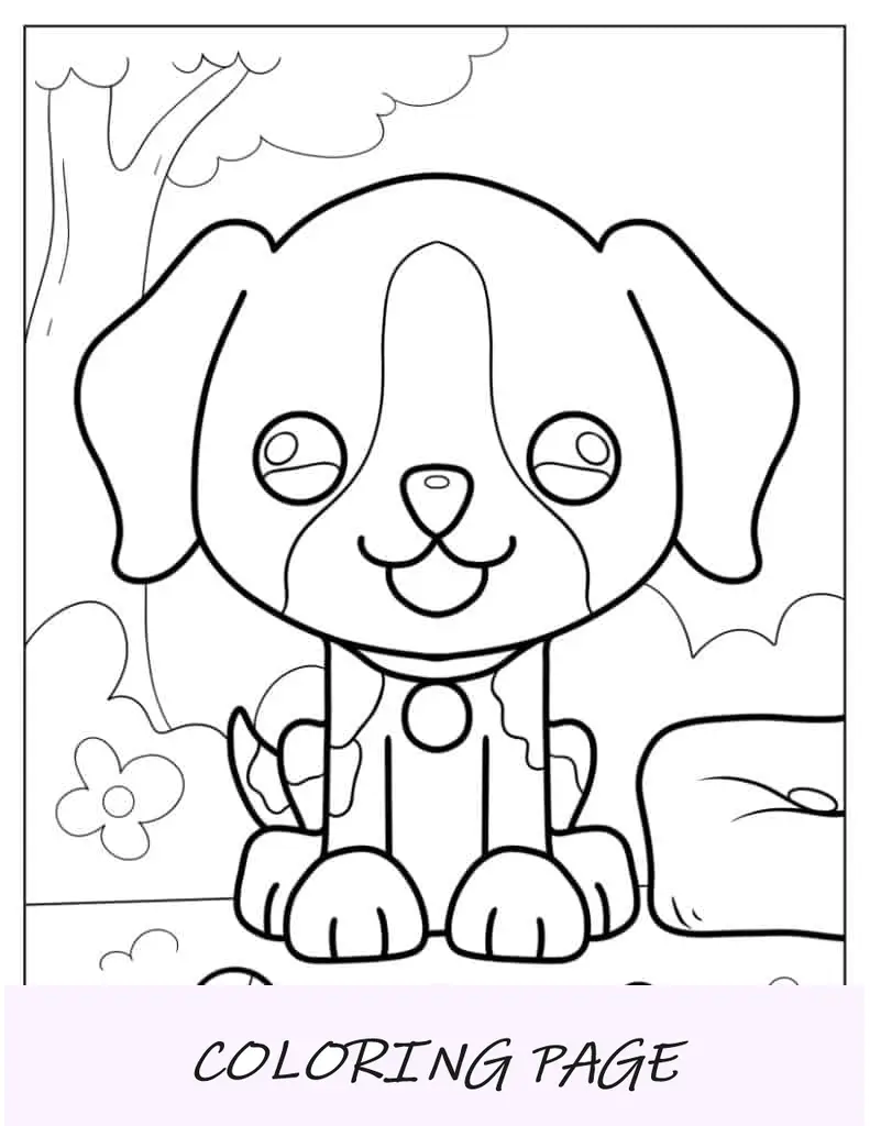 Folha para colorir de cachorrinho de desenho animado no quintal