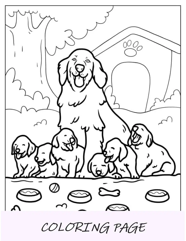 Página para colorir da mamãe cadela com seus cachorrinhos