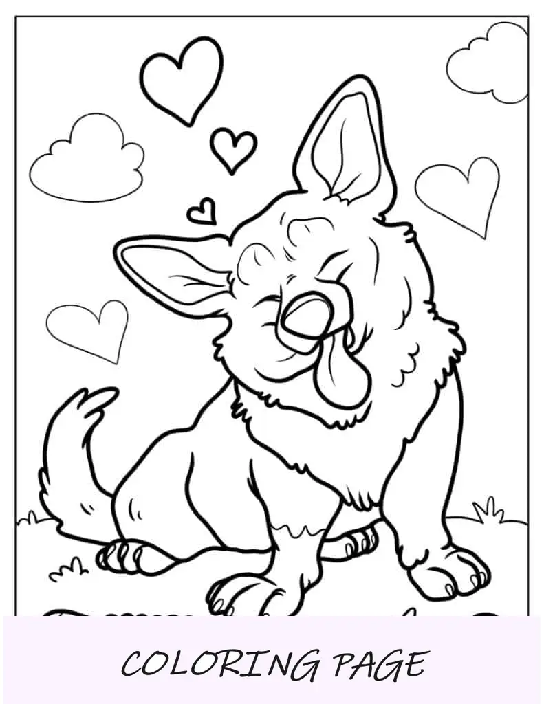 Adorável cachorrinho Corgi com página para colorir de corações