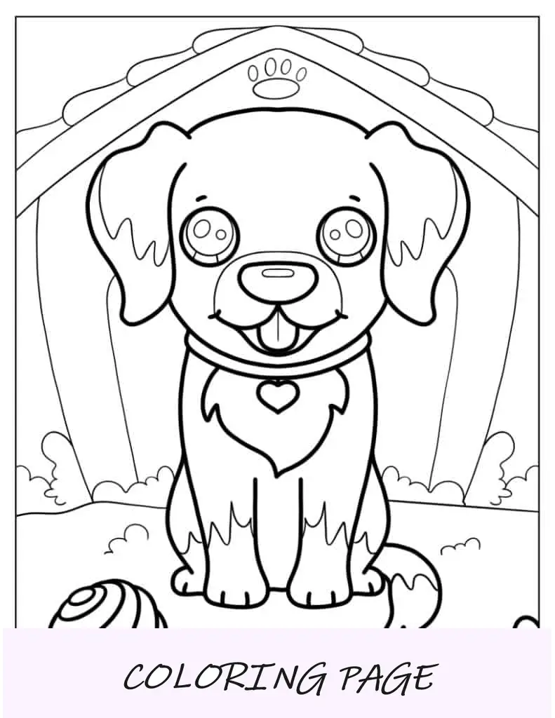 Cachorrinho Kawaii em casinha de cachorro para colorir para crianças em idade pré-escolar