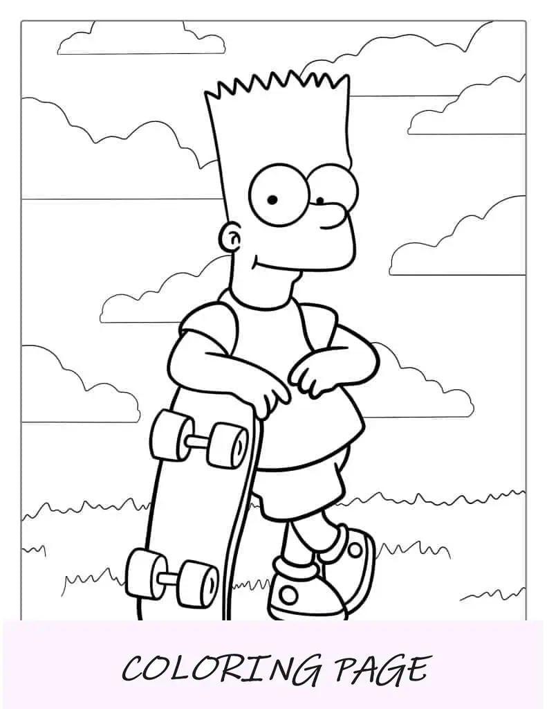 Folha para colorir de Bart Simpson segurando um skate