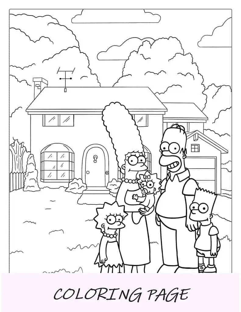 Página para colorir da família Simpsons na frente da casa