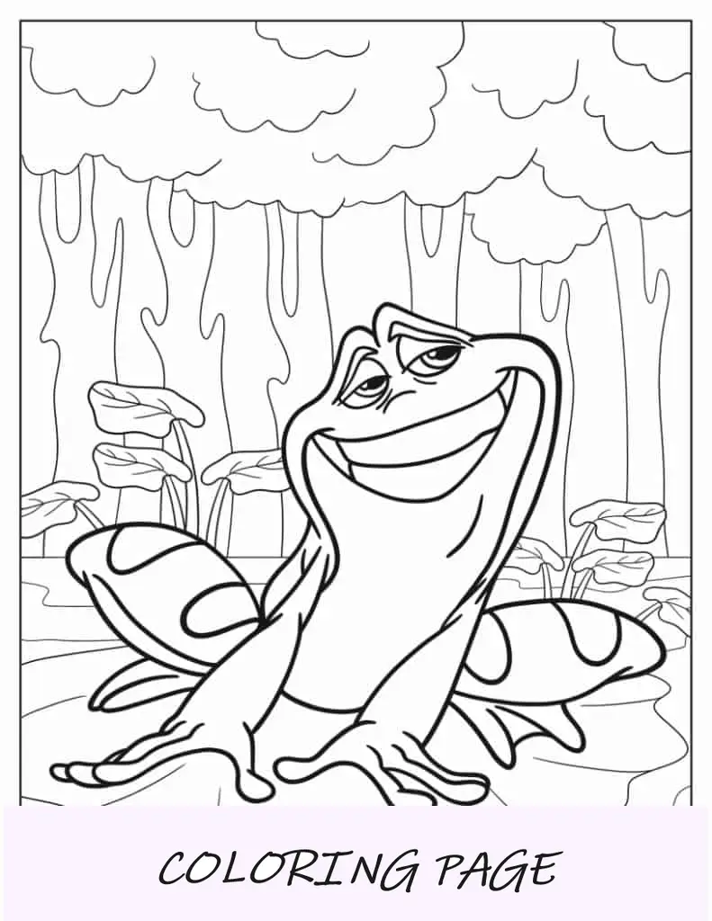 Página para colorir do sapo do príncipe Naveen