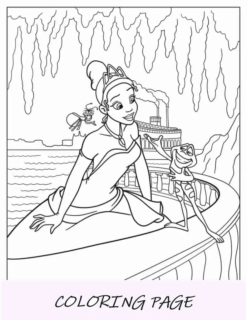Tiana, Ray e Frog Prince Naveen na varanda para colorir